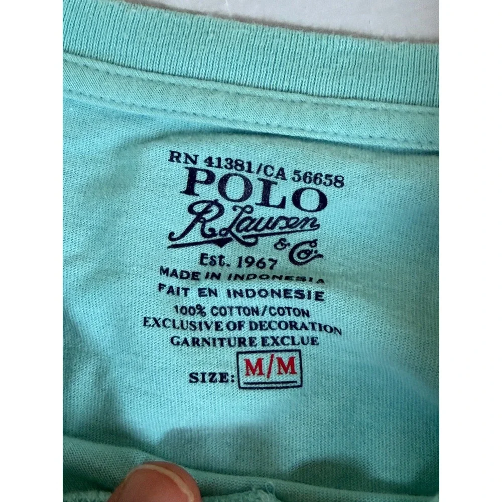 Polo Ralph Lauren Mens V-Neck T-Shirt Medium Aqua Blue Cotton Orange Pony Logo